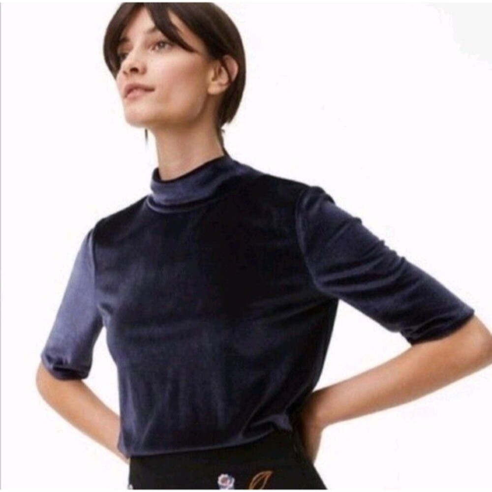 NWT Loft Navy Blue Velvet Blouse Mock Neck Elbow Sleeve Relaxed Top Holiday XS
